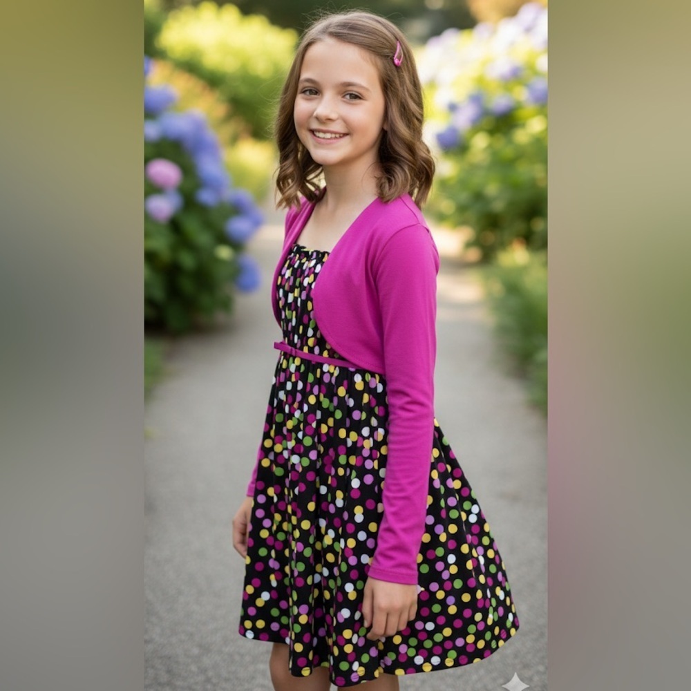 Girls Polka Dot Dress w/ Built-In Cardigan